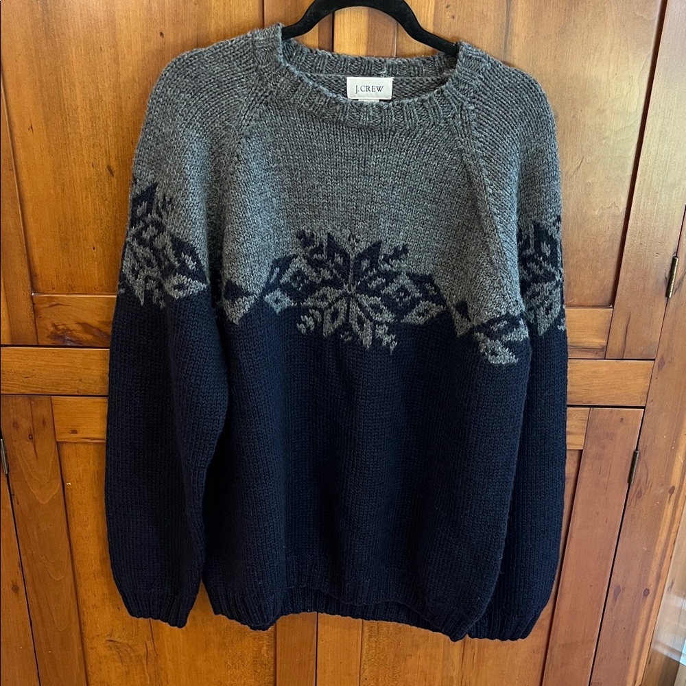 J. Crew Men's Hand Knit Navy and Gray Snowflake Crewneck Sweater, Size L